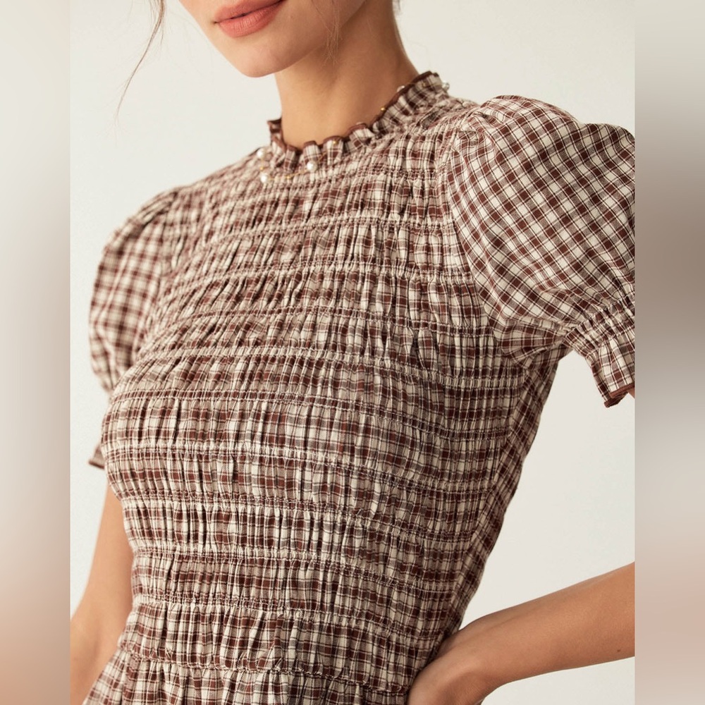 RIHOAS Coffee Plaid Puffed Sleeve Mini Dress - Picture 2 of 6